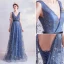 Fashion Ocean Blue Prom Dresses 2020 A-Line / Princess V-Neck Glitter Star Sequins Sleeveless Backless Floor-Length / Long Formal Dresses