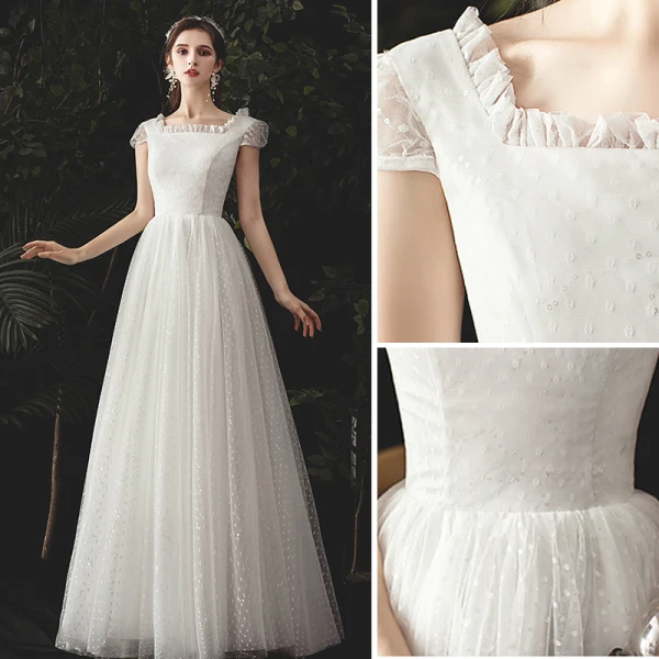 Simple Ivoire Tachetée Robe De Mariée 2020 Princesse Encolure Carrée Mancherons Dos Nu Longue