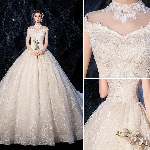 Charming Champagne Wedding Dresses 2020 Ball Gown High Neck Beading Lace Flower Cap Sleeves Backless Cathedral Train