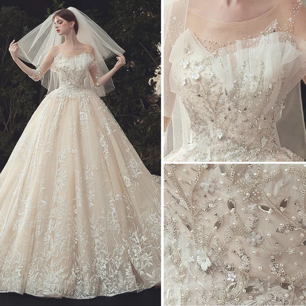 Luxury / Gorgeous Ivory Beading Wedding Dresses 2020 Ball Gown Scoop Neck Lace Flower Appliques Pearl Sequins 3/4 Sleeve Backless Cathedral Train