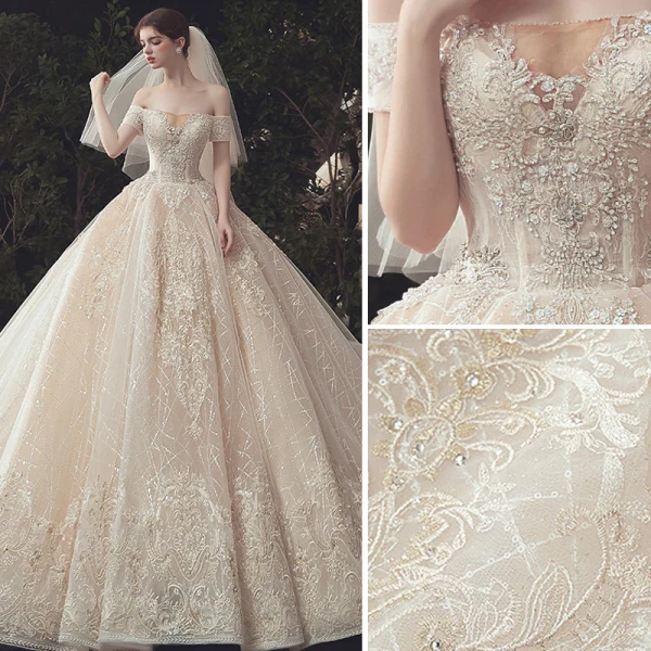 Luxury / Gorgeous Champagne Beading Wedding Dresses 2020 Ball Gown Off-The-Shoulder Sequins Lace Flower Short Sleeve Backless Royal Train