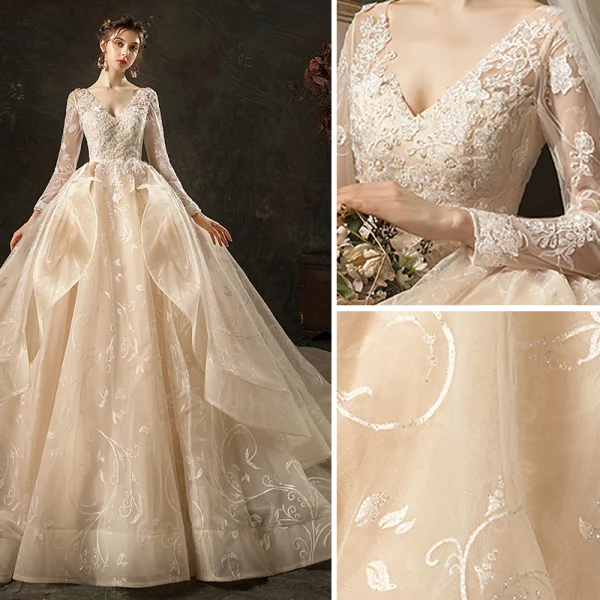 Haut de Gamme Mode Champagne Robe De Mariée 2020 Robe Boule V-Cou En Dentelle Fleur Manches Longues Dos Nu Volants en Cascade Royal Train