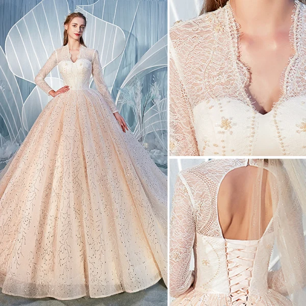 Charming Champagne Wedding Dresses 2020 Ball Gown V-Neck Sequins Lace Flower Long Sleeve Backless Cathedral Train