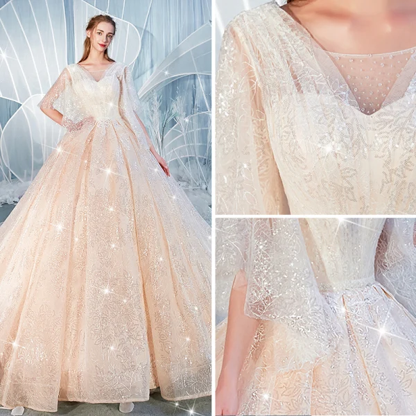Scintillantes Champagne Paillettes Robe De Mariée 2020 Robe Boule V-Cou Perlage 1/2 Manches Dos Nu Cathedral Train