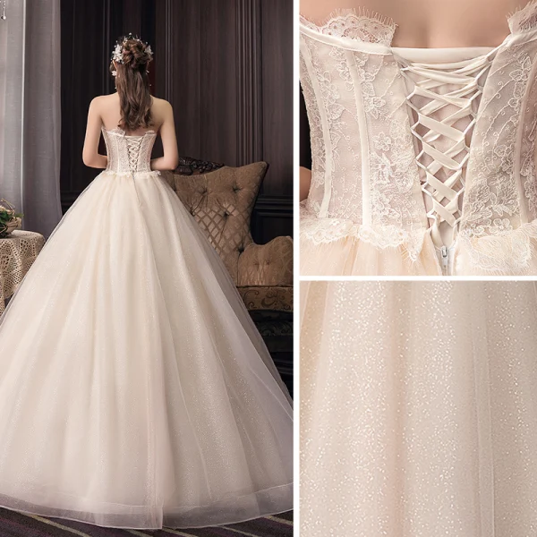 Fashion Champagne Corset Wedding Dresses 2020 Ball Gown Strapless Glitter Tulle Lace Flower Sleeveless Backless Floor-Length / Long