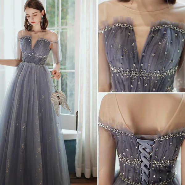 Chic / Beautiful Purple Prom Dresses 2020 A-Line / Princess Scoop Neck Beading Sequins Floor-Length / Long Short Sleeve Backless Formal Dresses