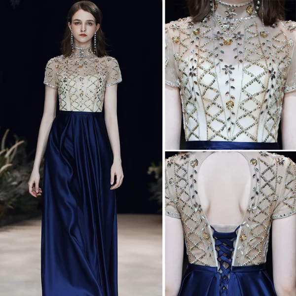 Chic Bleu Roi Robe De Soirée 2020 Princesse Col Haut Perlage Faux Diamant Paillettes Manches Courtes Dos Nu Longue Robe De Ceremonie