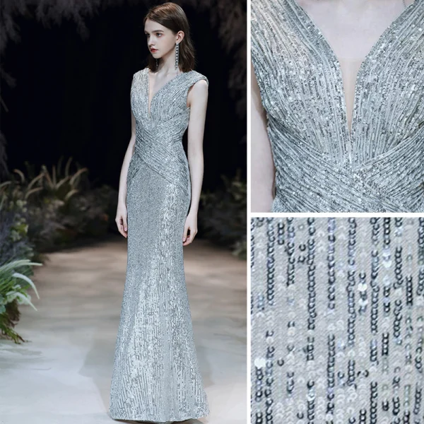 Scintillantes Argenté Paillettes Robe De Soirée 2020 Trompette / Sirène Col v profond Sans Manches Dos Nu Longue Robe De Ceremonie