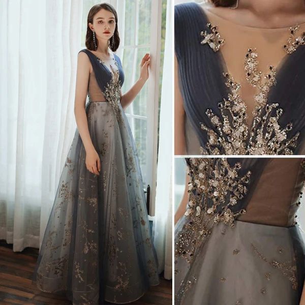 Chic / Belle Océan Bleu Robe De Bal 2020 Princesse Encolure Dégagée Perlage Glitter Paillettes En Dentelle Fleur Faux Diamant Sans Manches Dos Nu Longue Robe De Ceremonie