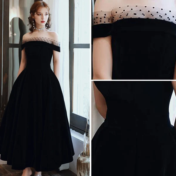 Elegant Black Prom Dresses 2020 A-Line / Princess Spotted Off-The-Shoulder Suede Sleeveless Backless Tea-length Formal Dresses