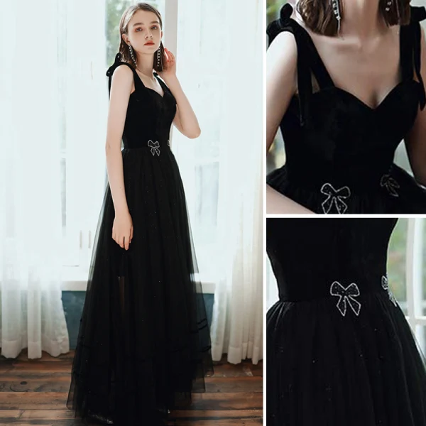 Elegant Black Prom Dresses 2020 A-Line / Princess Square Neckline Rhinestone Bow Sleeveless Backless Floor-Length / Long Formal Dresses