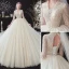 Eleganta Champagne Glittriga / Glitter Bröllopsklänningar 2020 Balklänning V-Hals Beading Rhinestone Paljetter Spets Blomma Långärmad Halterneck Royal Train