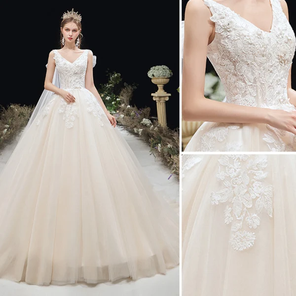 Élégant Ivoire Robe De Mariée 2020 Robe Boule V-Cou Perlage Appliques En Dentelle Fleur Sans Manches Dos Nu Chapel Train