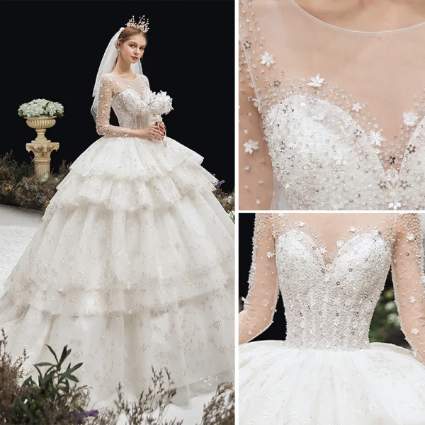 Luxury / Gorgeous Ivory Beading Cascading Ruffles Wedding Dresses 2020 Ball Gown Scoop Neck Appliques Rhinestone Sequins 3/4 Sleeve Backless Royal Train