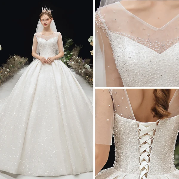 Luxe Glitter Ivoire Robe De Mariée 2020 Robe Boule V-Cou Perlage Cristal Paillettes Manches Courtes Dos Nu Royal Train