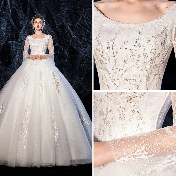 Abordable Ivoire Robe De Mariée 2020 Robe Boule Glitter Tulle Encolure Dégagée Perlage En Dentelle Fleur Manches de cloche Dos Nu Longue