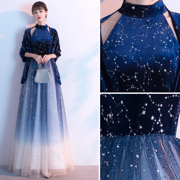 Charmant Königliches Blau Star Pailletten Abendkleider 2020 A Linie Wildleder Stehkragen Strass Ärmellos Lange Festliche Kleider
