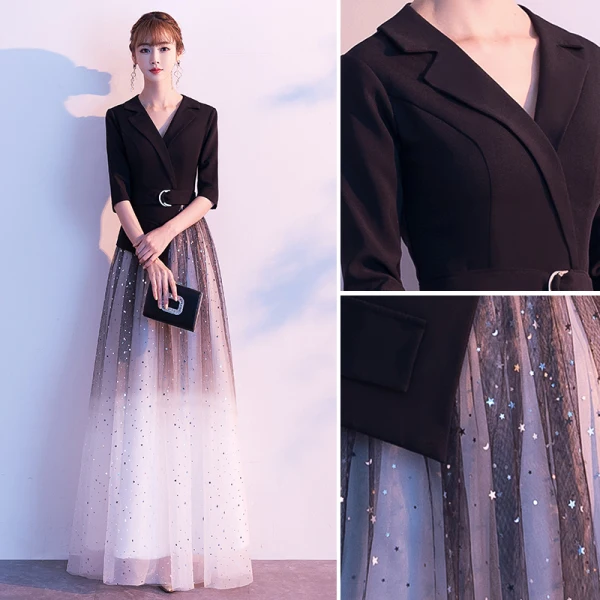 Elegant Black Evening Dresses  2020 A-Line / Princess V-Neck Star Sequins 1/2 Sleeves Backless Floor-Length / Long Formal Dresses