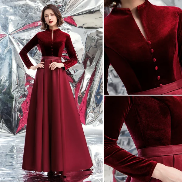 Eleganta Burgundy Mocka Balklänningar 2020 Prinsessa Hög Hals Långärmad Långa Formella Klänningar