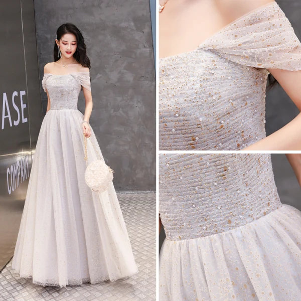 Chic / Beautiful Grape Prom Dresses 2020 A-Line / Princess Off-The-Shoulder Glitter Beading Pearl Short Sleeve Backless Floor-Length / Long Formal Dresses