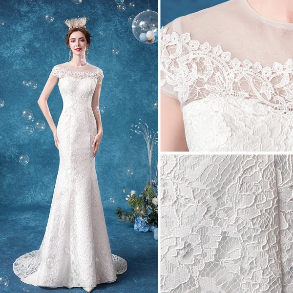 Elegant Ivory Lace Wedding Dresses 2020 Trumpet / Mermaid Scoop Neck Lace Flower Cap Sleeves Backless Sweep Train