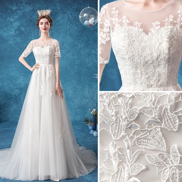 Élégant Ivoire Robe De Mariée 2020 Princesse Encolure Dégagée Faux Diamant En Dentelle Fleur Manches Courtes Tribunal Train