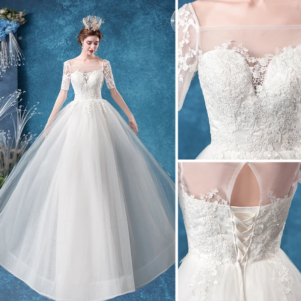 Elegante Ivory / Creme Brautkleider / Hochzeitskleider 2020 A Linie Eckiger Ausschnitt Strass Spitze Blumen Kurze Ärmel Rückenfreies