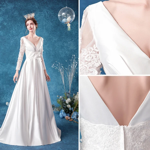 Elegant Elfenben Satin Brudekjoler 2020 Prinsesse V-Hals Blonder Blomst Langermede Ryggløse Feie Tog