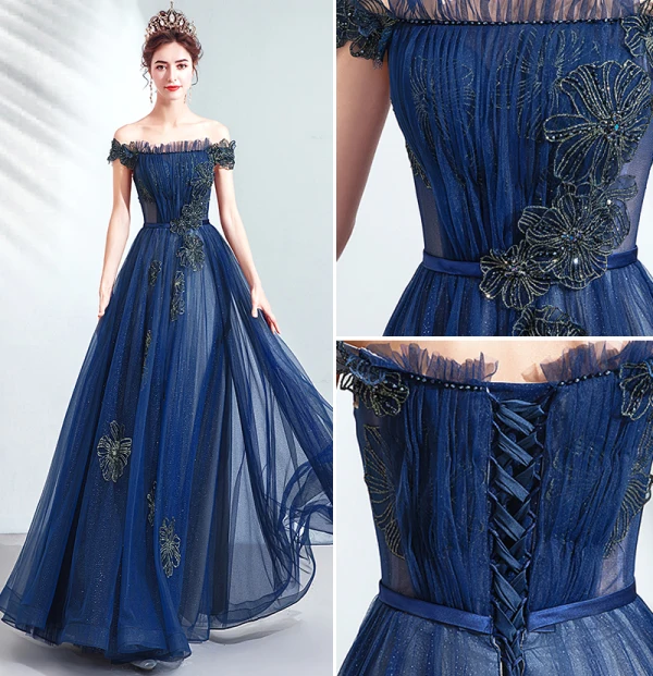 Vintage / Retro Navy Blue Prom Dresses 2020 A-Line / Princess Ruffle Off-The-Shoulder Crystal Glitter Tulle Short Sleeve Backless Floor-Length / Long Formal Dresses