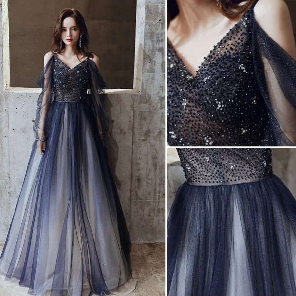 Charming Navy Blue Prom Dresses 2020 A-Line / Princess Spaghetti Straps Glitter Tulle Beading Crystal Long Sleeve Backless Floor-Length / Long Formal Dresses