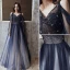 Charming Navy Blue Prom Dresses 2020 A-Line / Princess Spaghetti Straps Glitter Tulle Beading Crystal Long Sleeve Backless Floor-Length / Long Formal Dresses