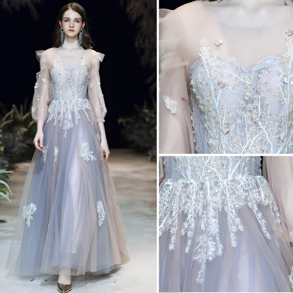 Elegante Azul Cielo Vestidos de noche 2020 A-Line / Princess Scoop Escote Perla Con Encaje Flor Apliques 3/4 Ærmer Sin Espalda Colas De Barrido Vestidos Formales
