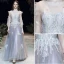 Elegante Azul Cielo Vestidos de noche 2020 A-Line / Princess Scoop Escote Perla Con Encaje Flor Apliques 3/4 Ærmer Sin Espalda Colas De Barrido Vestidos Formales