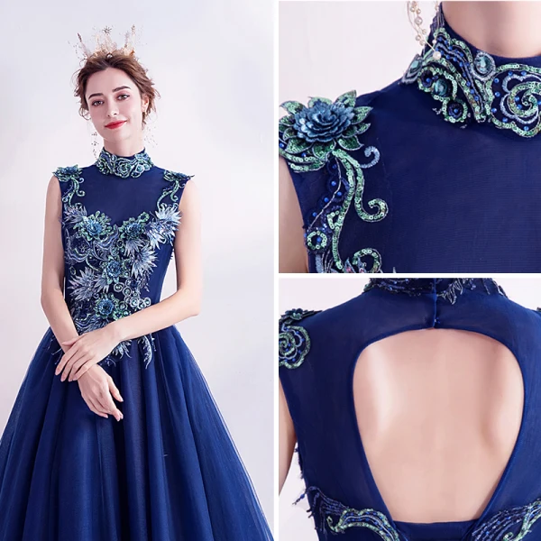 Vintage / Retro Royal Blue Prom Dresses 2020 A-Line / Princess High Neck Sequins Rhinestone Lace Flower Sleeveless Backless Floor-Length / Long Formal Dresses