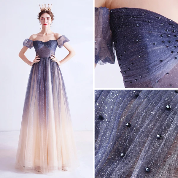Charming Navy Blue Gradient-Color Prom Dresses 2020 A-Line / Princess Off-The-Shoulder Crystal Glitter Tulle Short Sleeve Backless Formal Dresses