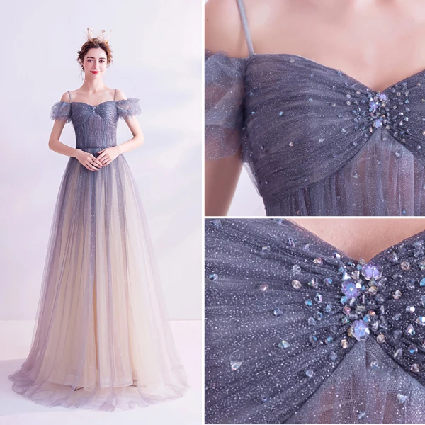 Charmant Bleu Ciel Dégradé De Couleur Robe De Bal 2020 Princesse Bretelles Spaghetti Faux Diamant Glitter Tulle Manches Courtes Dos Nu Longue Robe De Ceremonie