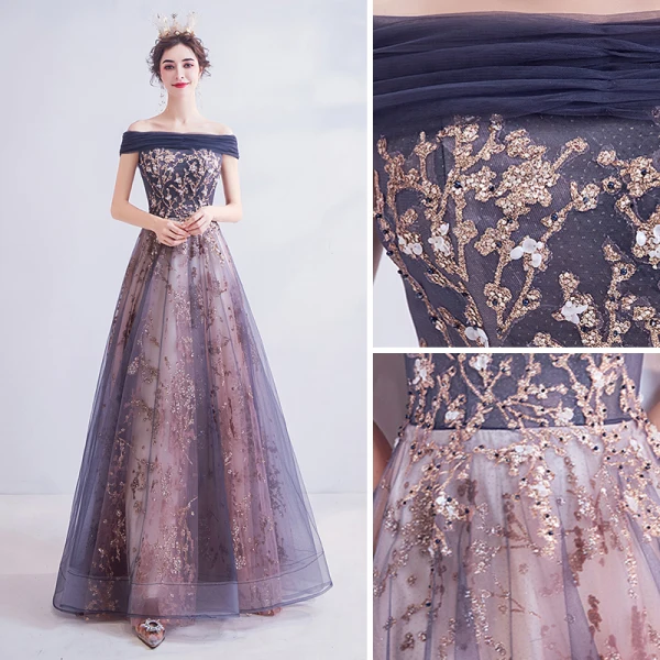 Edles Marineblau Ballkleider 2020 A Linie Off Shoulder Glanz Perlenstickerei Strass Pailletten Applikationen Ärmellos Rückenfreies Lange Festliche Kleider