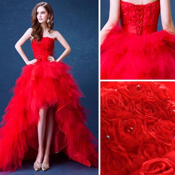 Sexy Rouge Asymétrique Robe De Mariée 2020 Robe Boule Bustier Cristal Appliques Ceinture Sans Manches Dos Nu Volants en Cascade Tribunal Train