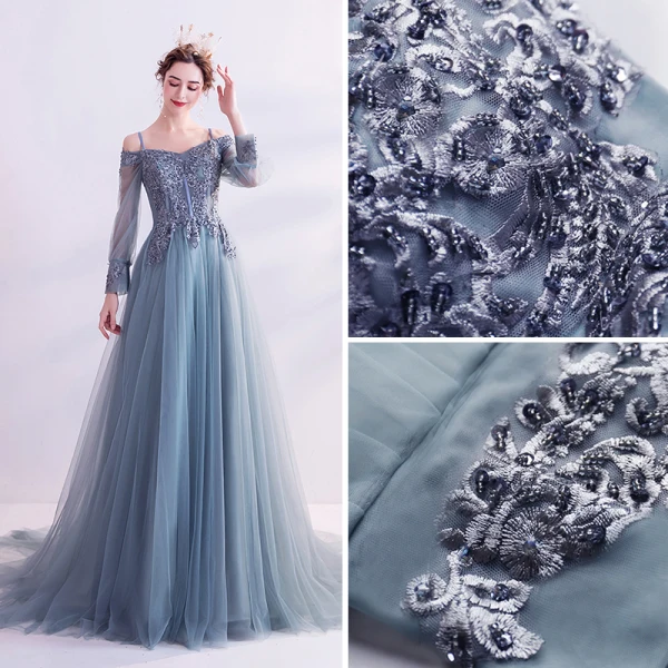 Classy Pool Blue Prom Dresses 2020 A-Line / Princess Spaghetti Straps Sequins Lace Flower Long Sleeve Backless Court Train Formal Dresses