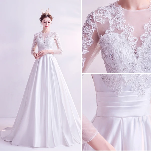 Élégant Ivoire Robe De Bal 2020 Princesse Encolure Dégagée Dentelle 3D Perlage Faux Diamant Paillettes 3/4 Manches Tribunal Train Robe De Ceremonie