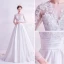 Élégant Ivoire Robe De Bal 2020 Princesse Encolure Dégagée Dentelle 3D Perlage Faux Diamant Paillettes 3/4 Manches Tribunal Train Robe De Ceremonie
