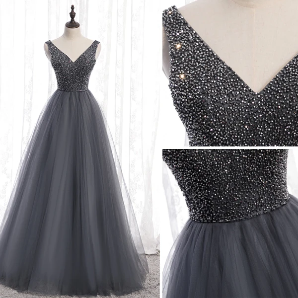 Chic / Beautiful Grey Prom Dresses 2020 A-Line / Princess V-Neck Beading Crystal Sleeveless Backless Floor-Length / Long Formal Dresses