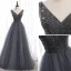 Chic / Beautiful Grey Prom Dresses 2020 A-Line / Princess V-Neck Beading Crystal Sleeveless Backless Floor-Length / Long Formal Dresses