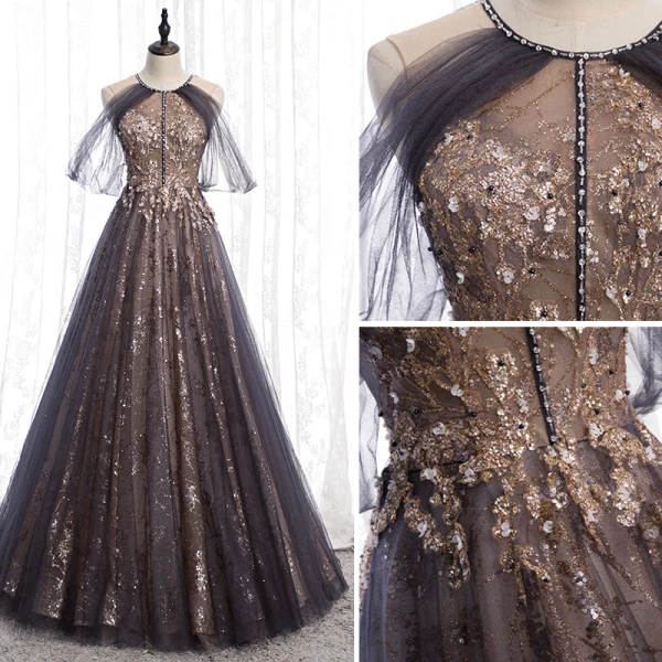 Charming Black Gold Glitter Prom Dresses 2020 A-Line / Princess Scoop Neck Beading Crystal Sequins Sleeveless Backless Floor-Length / Long Formal Dresses