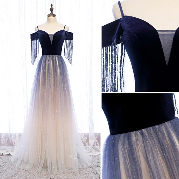Charmant Bleu Marine Dégradé De Couleur Glitter Robe De Soirée 2020 Princesse Daim Bretelles Spaghetti Perlage Gland Manches Courtes Dos Nu Longue Robe De Ceremonie