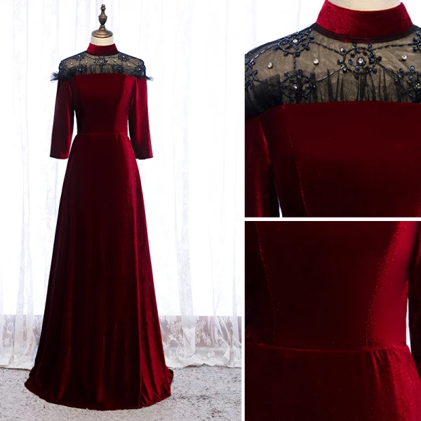Elegant Burgundy Evening Dresses 2020 A-Line / Princess Suede High Neck Beading Rhinestone 3/4 Sleeve Floor-Length / Long Formal Dresses