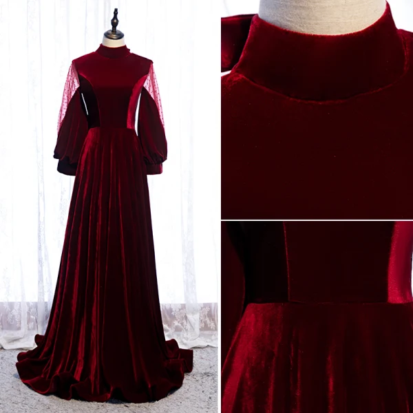 Élégant Bordeaux Robe De Soirée 2020 Princesse Daim Col Haut Manches Longues Dos Nu Noeud Train De Balayage Robe De Ceremonie