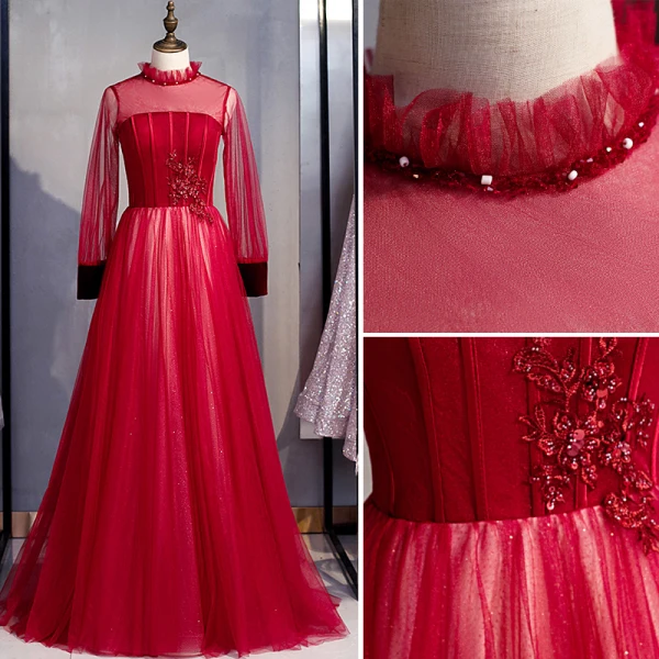 Élégant Bordeaux Robe De Bal 2020 Princesse Col Haut Perlage Paillettes En Dentelle Fleur Manches Longues Dos Nu Longue Robe De Ceremonie