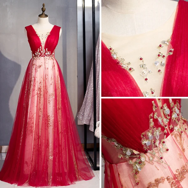 Chic Bordeaux Glitter Robe De Bal 2020 Princesse Encolure Dégagée Perlage Perle En Dentelle Fleur Sans Manches Dos Nu Longue Robe De Ceremonie