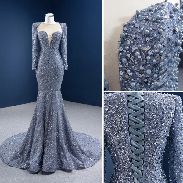 High-end Grey Beading Pearl Rhinestone Evening Dresses  2021 Trumpet / Mermaid Scoop Neck Sequins Long Sleeve Court Train Evening Party Formal Dresses